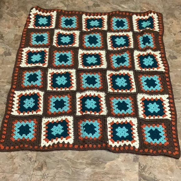 Brown, turquoise & orange granny square Afghan - Picture 3 of 6